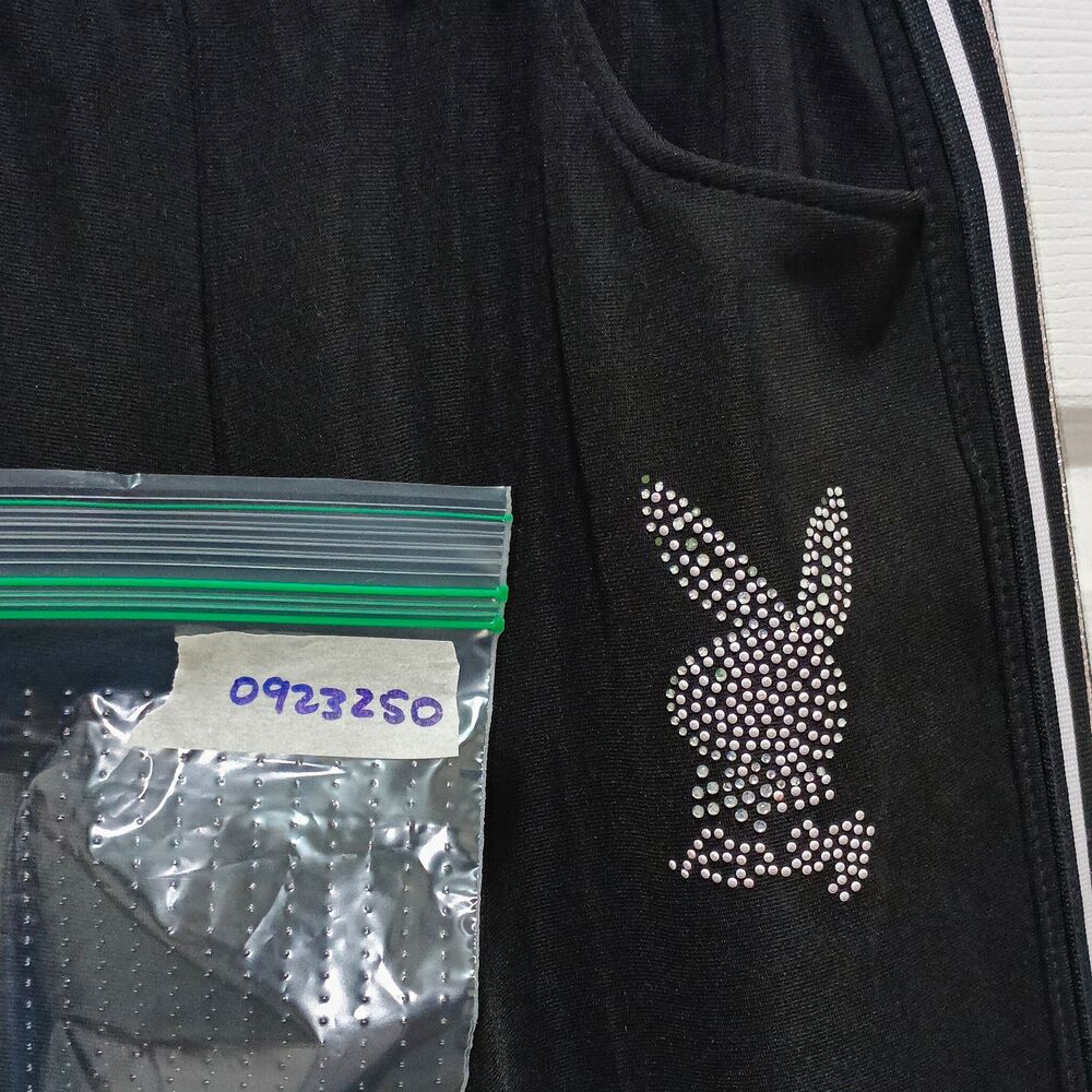 Playboy Womens L Black Rhinestone Bunny Flare Track Pants Side Stripe Stretch